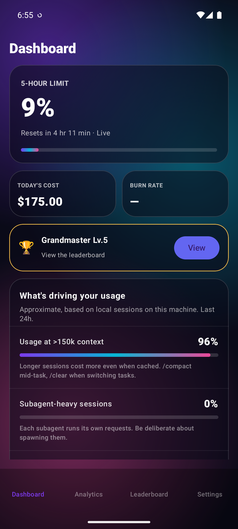 Monitor Android app dashboard showing Claude Code 5-hour usage limit