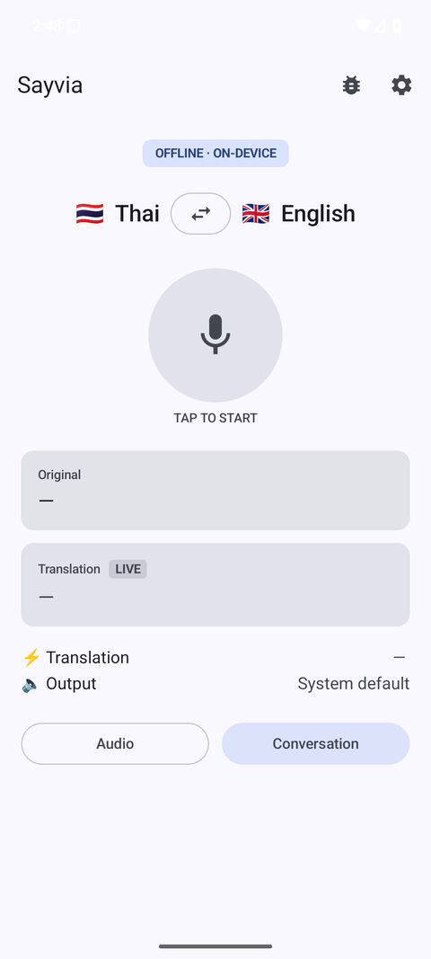 Sayvia app home screen, Thai to English, offline on-device
