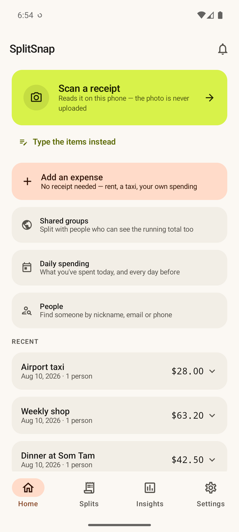 SplitSnap Android app home screen showing recent expenses